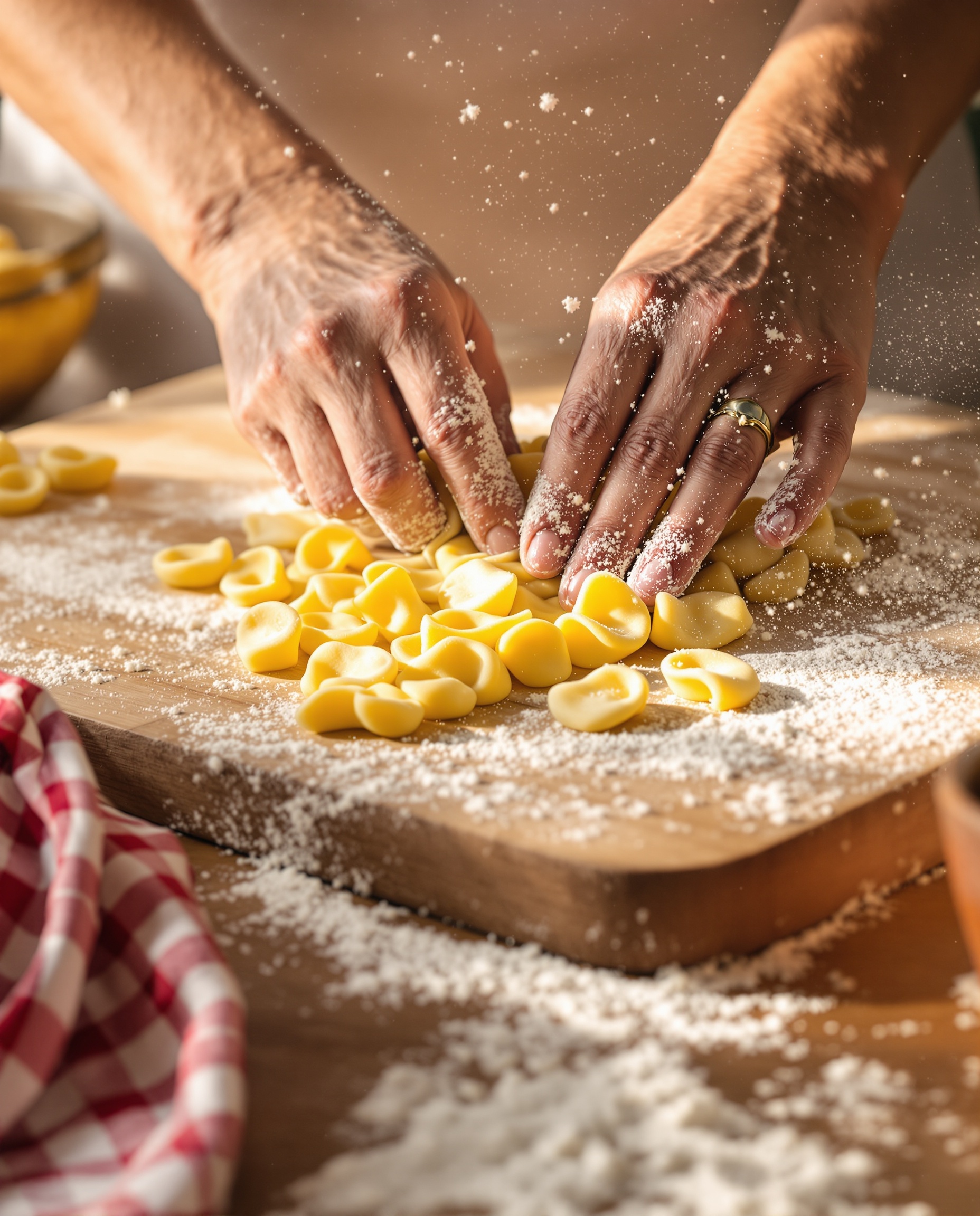Hands shaping orecchiette on a floured board at La Scuola