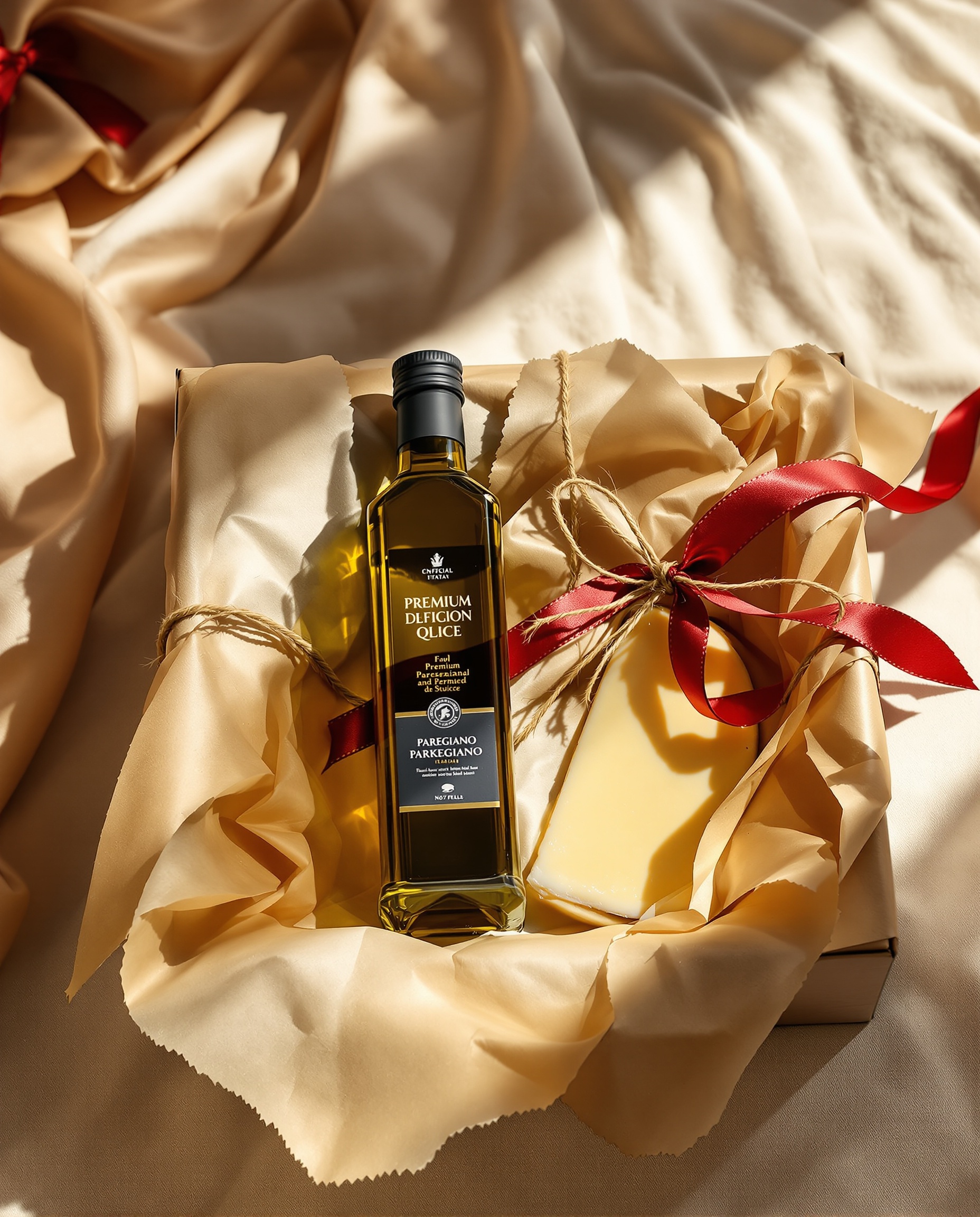 A half-wrapped Italian gift box with olive oil and Parmigiano
